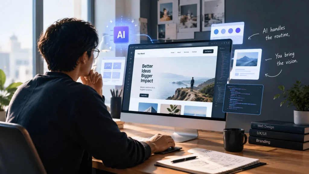 AI in web design showing a designer using AI tools while creating a website