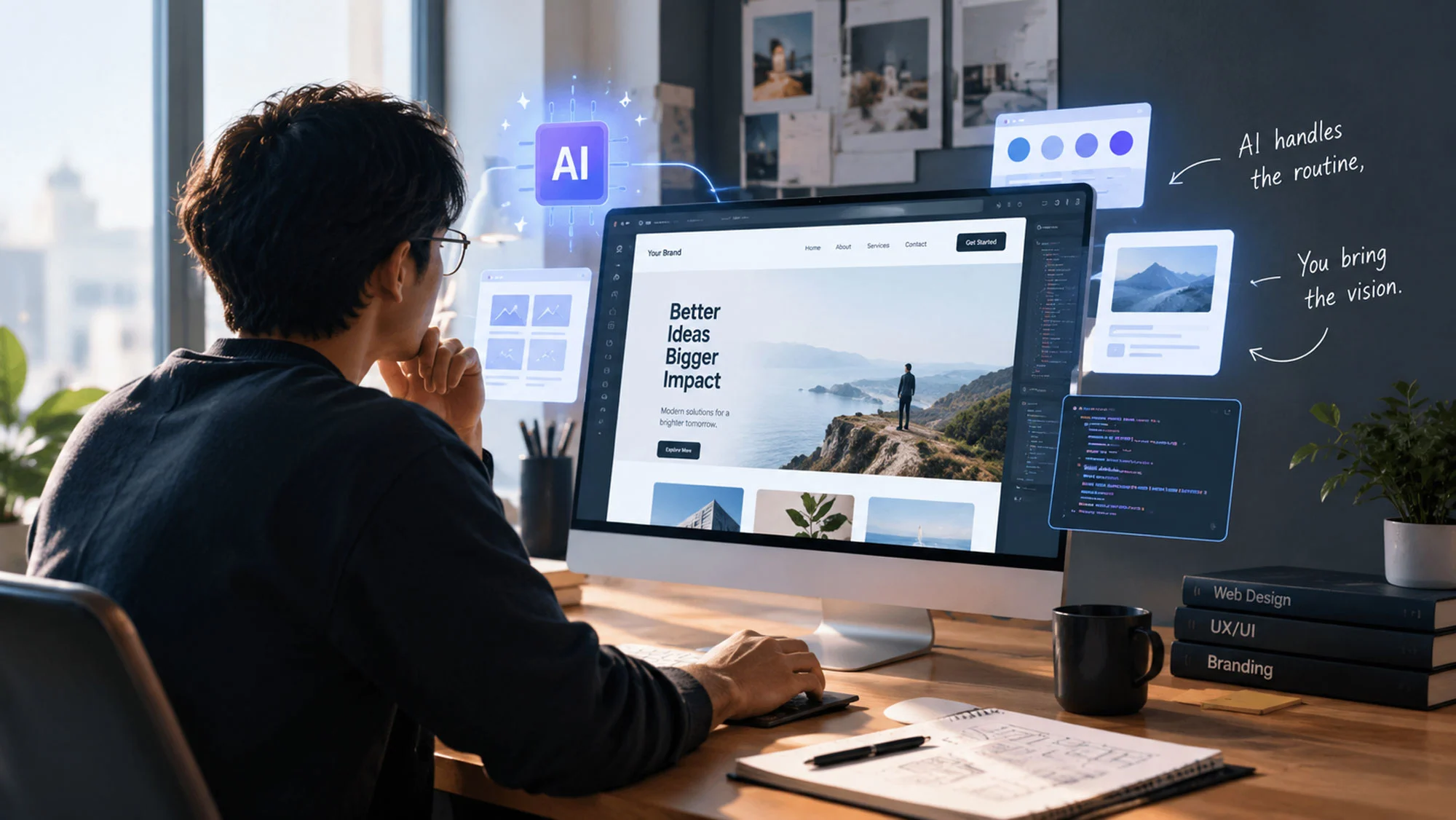 AI in web design showing a designer using AI tools while creating a website