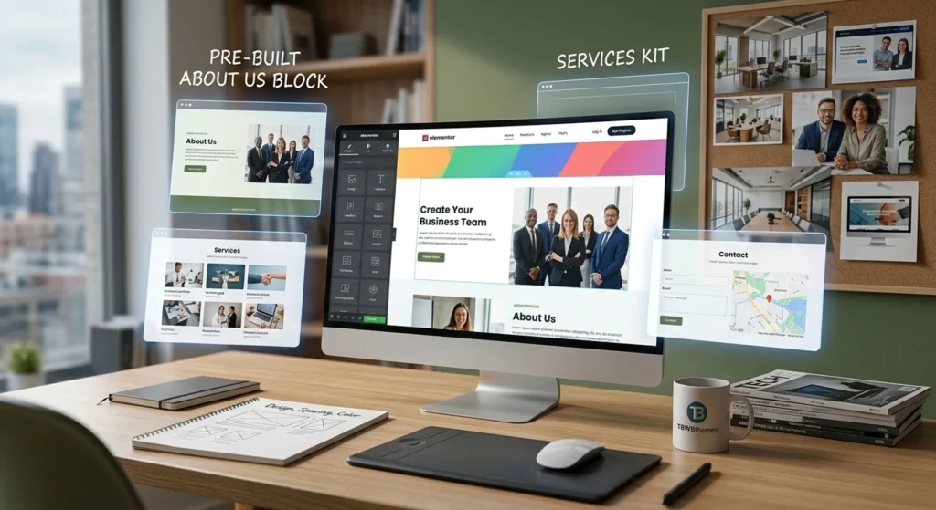 A creative desk setup showing a computer screen with an Elementor website builder interface, floating pre-built template kit blocks, and design elements.