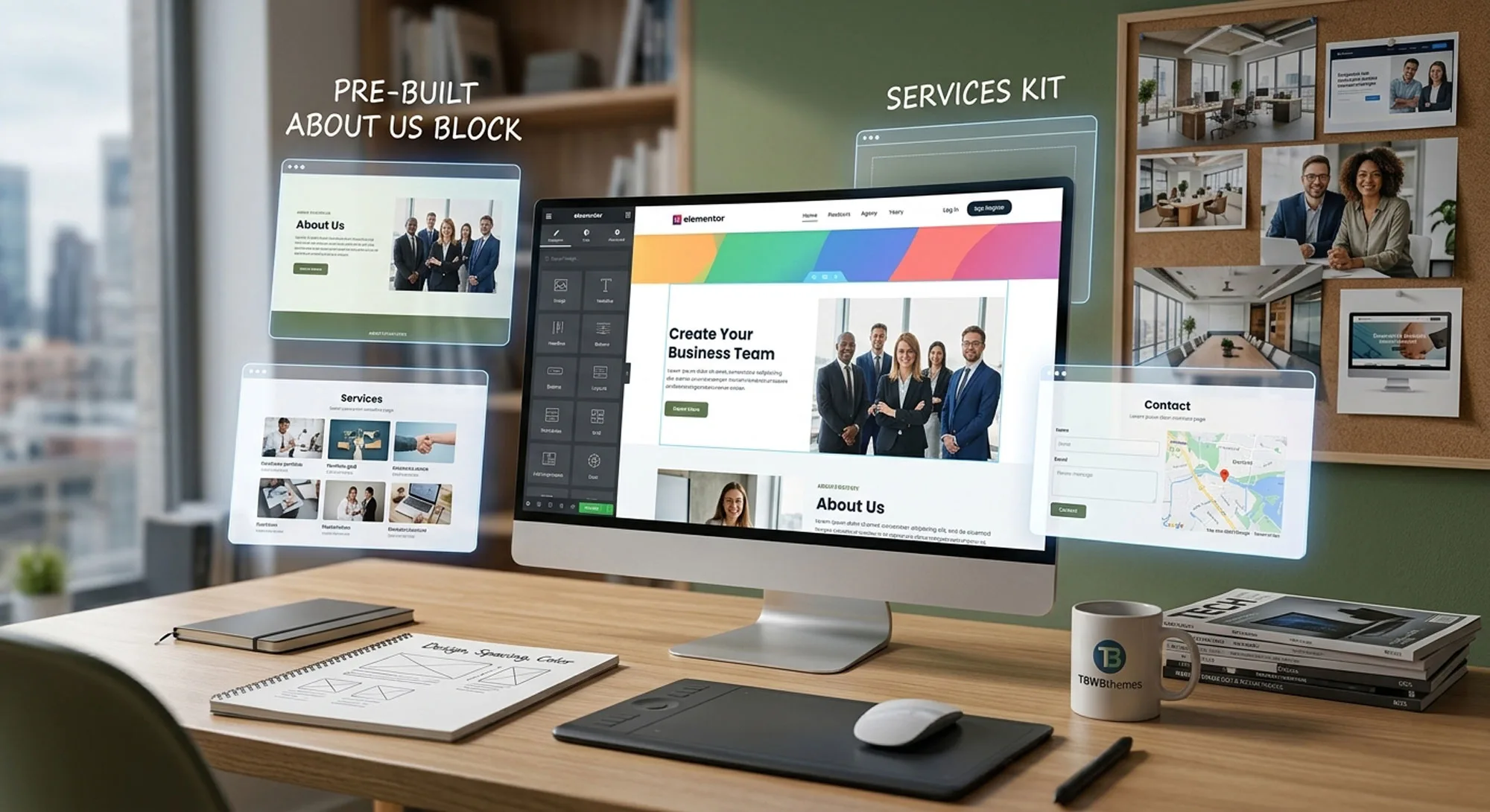 A creative desk setup showing a computer screen with an Elementor website builder interface, floating pre-built template kit blocks, and design elements.